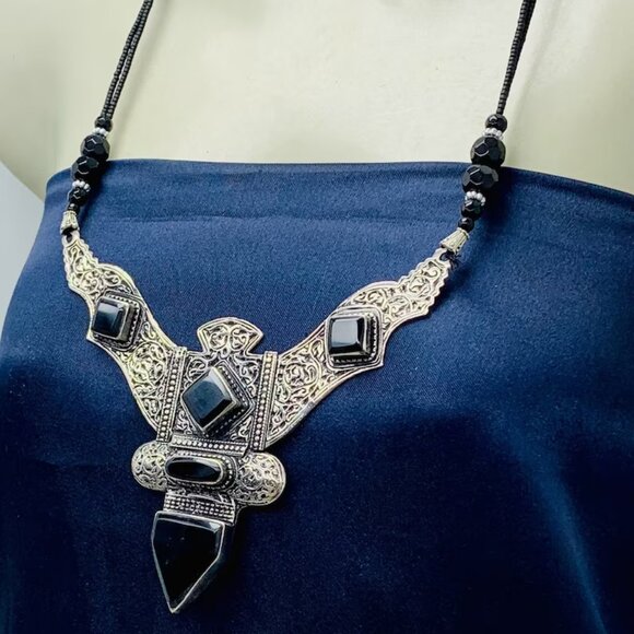 Antique Black Nepalese Triangular Pendant Necklace, Boho Chic Necklace - Picture 3 of 11